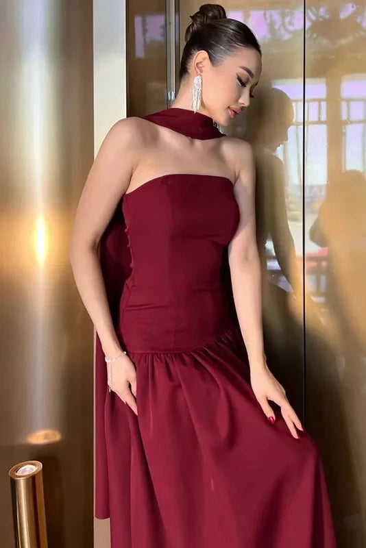 Elegant Strapless Lace Up Slim High Waist Maxi Dress