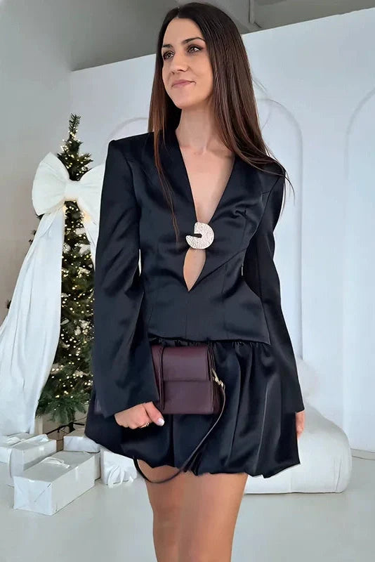 Hollow Out Pleated Backless Long Sleeve Slim High Waist Mini Dress