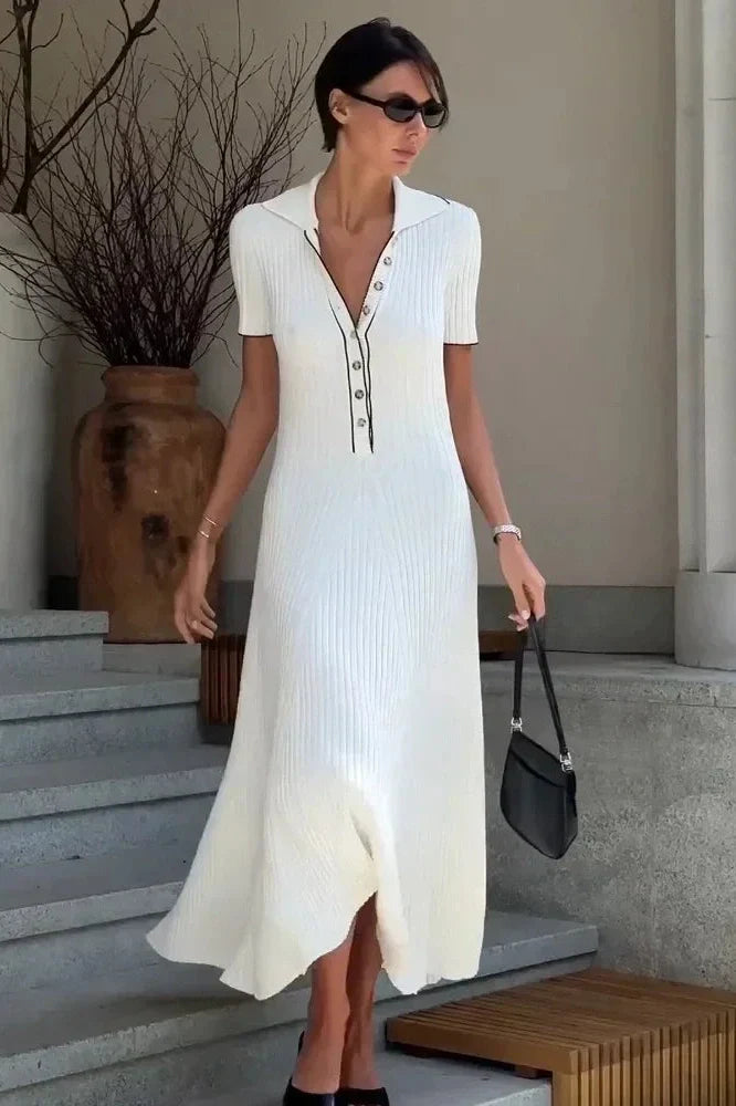 Short Sleeve Patchwork High Waist Midi Dress