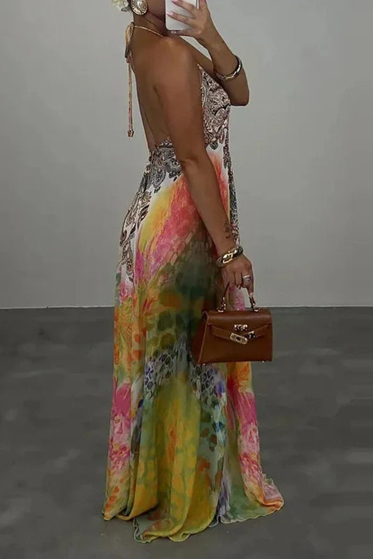 Printed High Waist V-Neck Backless Sleeveless Loose Maxi Dress