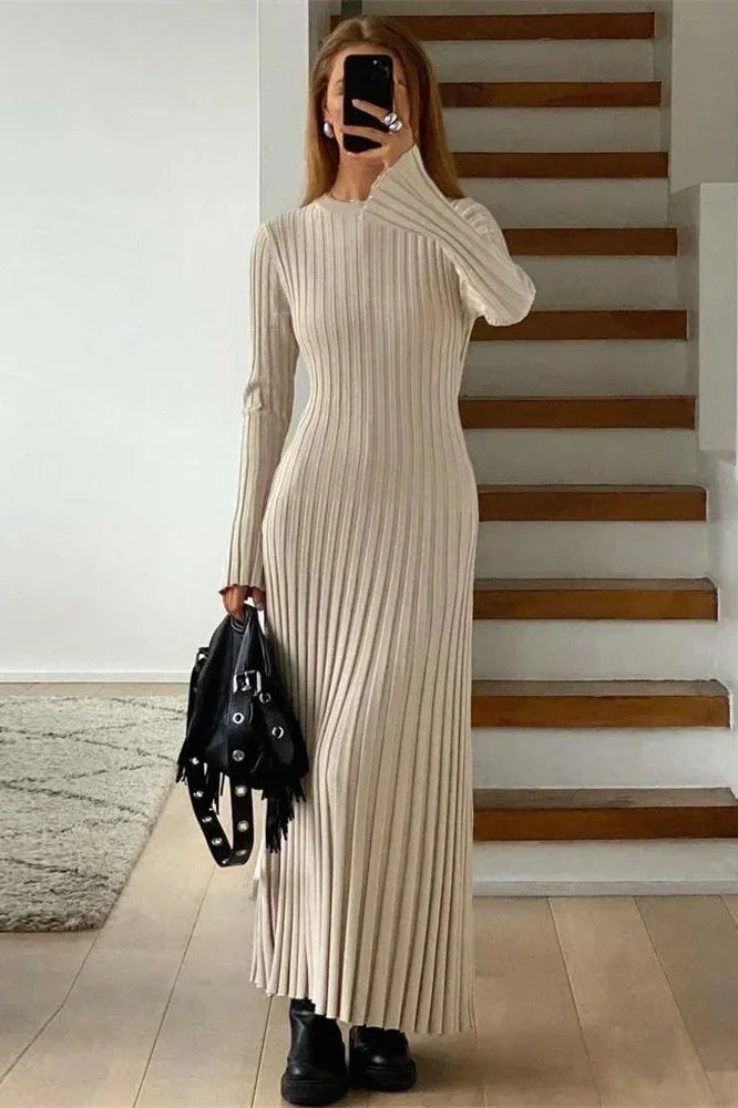 Lace-Up High Waist Patchwork Long Sleeve Maxi Dress