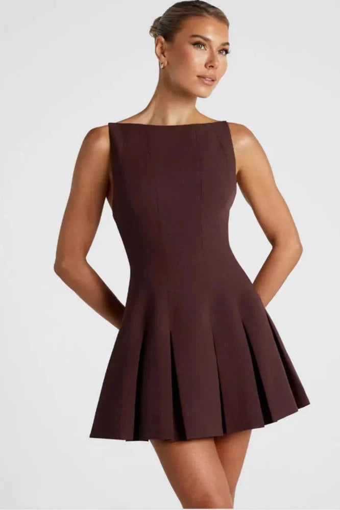 Backless High Waist A-line Spaghetti Strap Sleeveless Pleated Mini Dress