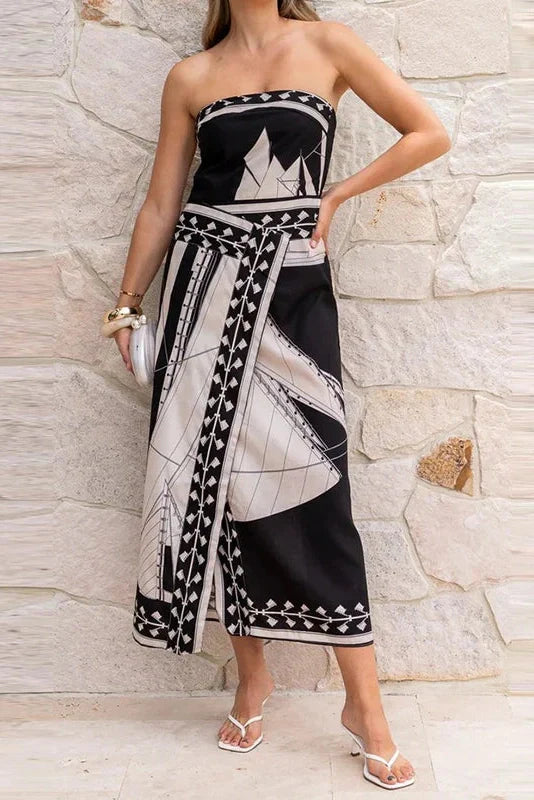 Sleeveless Printed Off-Shoulder Irregular Midi Dress