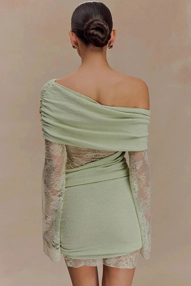 One Shoulder Backless Lace Long Sleeve See Through High Waist Mini Dress