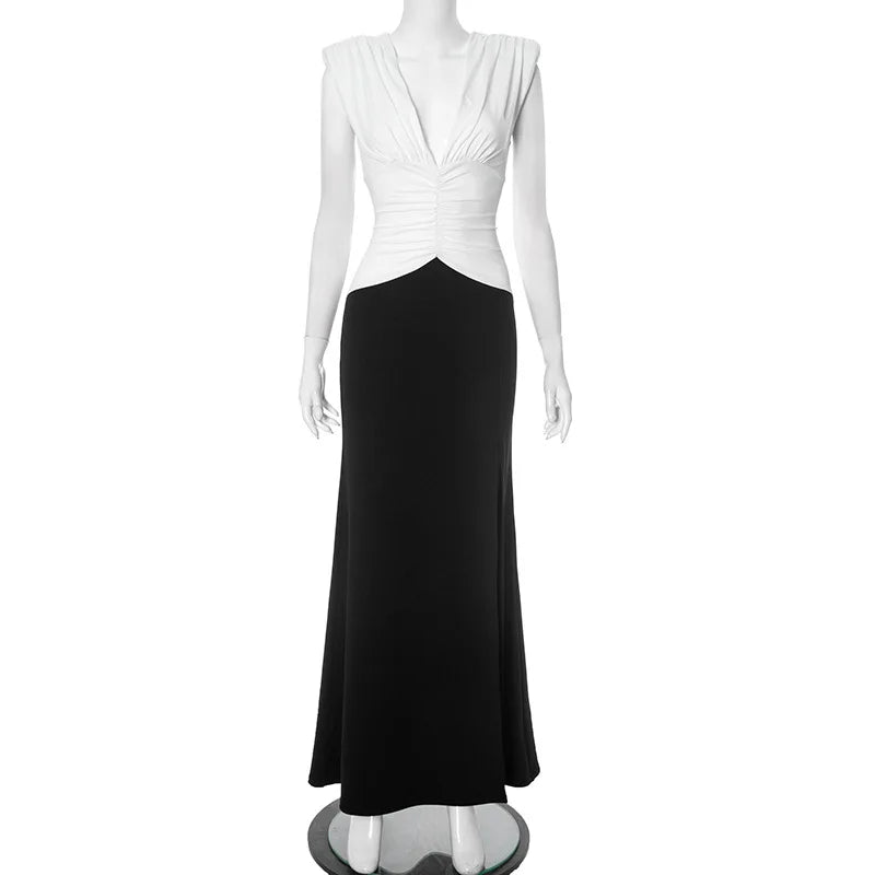 Pleated Deep V Neck Sleeveless High Slit Maxi Dress