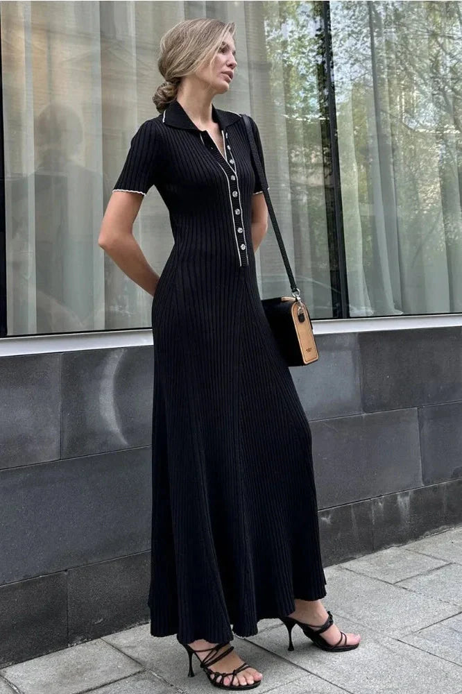 Deep V Neck Slim Short Sleeve Knitted Bodycon Maxi Dress