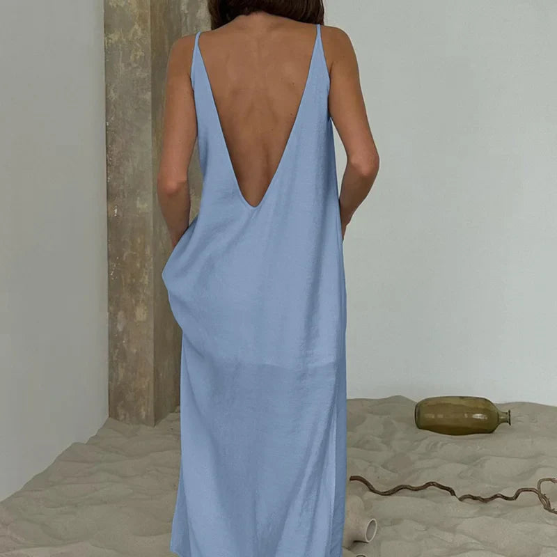 Spaghetti Strap O Neck Sleeveless Slit Maxi Dress