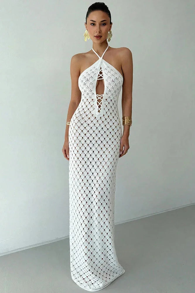 See-Through Lace-Up Backless Loose Maxi Dress