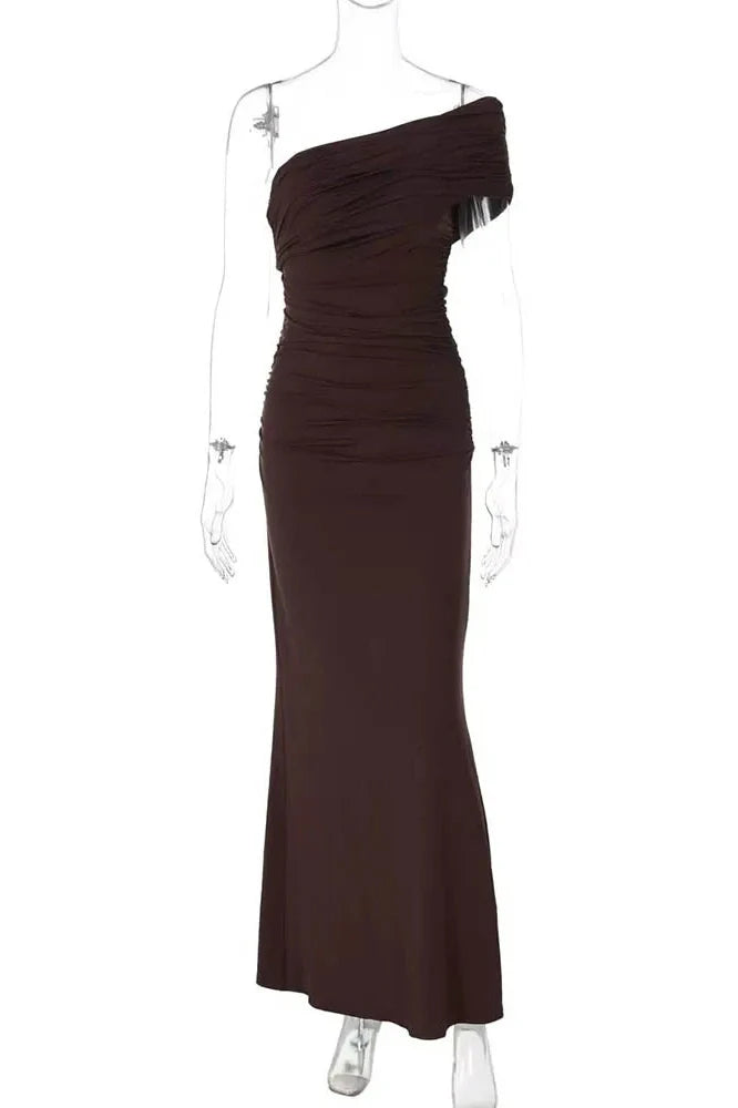 Oblique Shoulder Split Sleeveless Slim Fit Maxi Dress