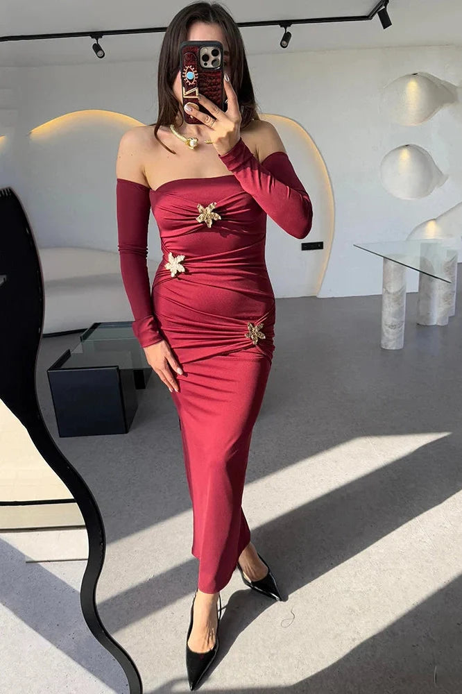 Strapless Off-Shoulder Backless Long Sleeve Bodycon Maxi Dress
