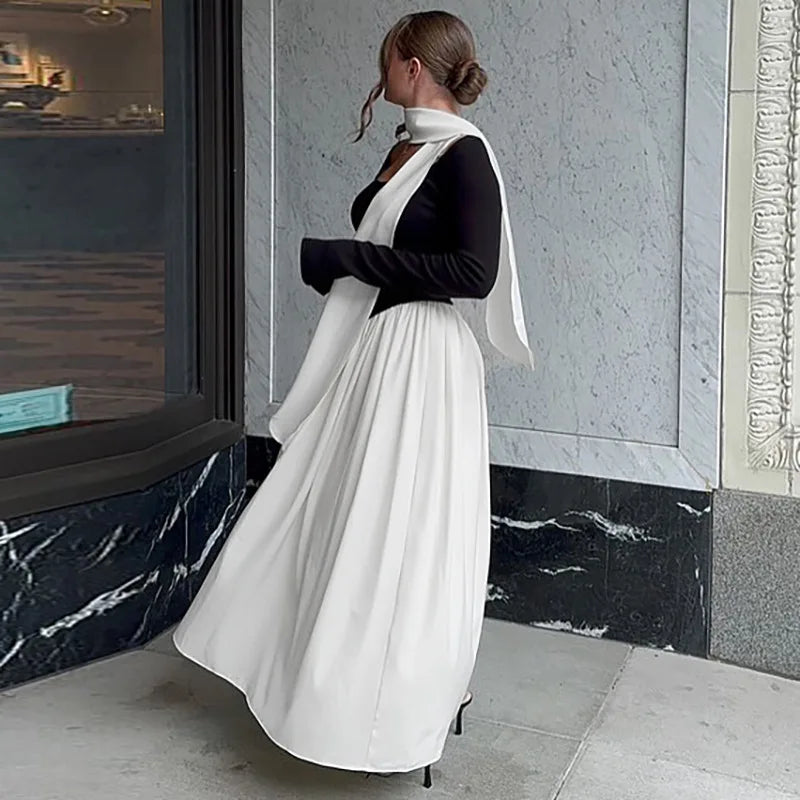 Patchwork Scarf Ribbon Round Neck A-Line Maxi Dress