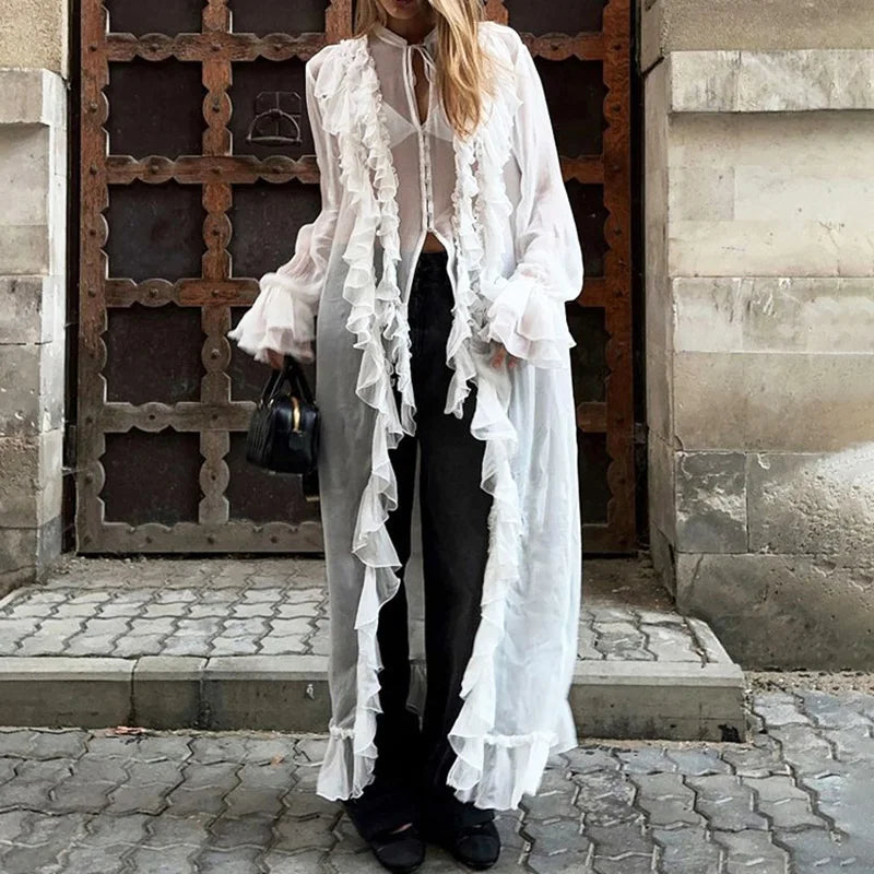 See Through Lace Up Patchwork Maxi Dress