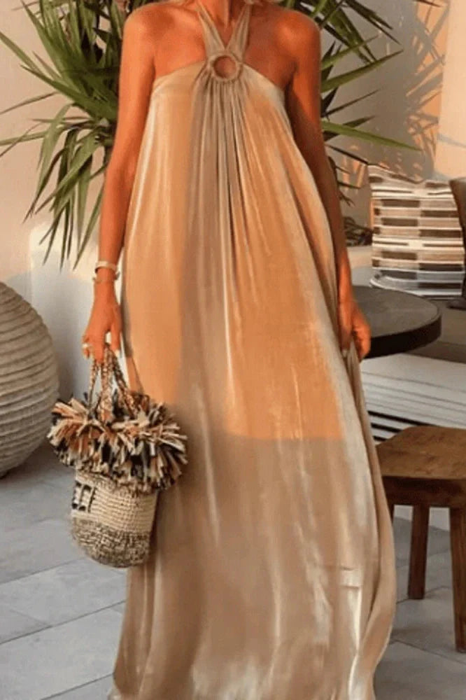 Elegant High Waist Sleeveless Loose Pleated Off-Shoulder Maxi Dress