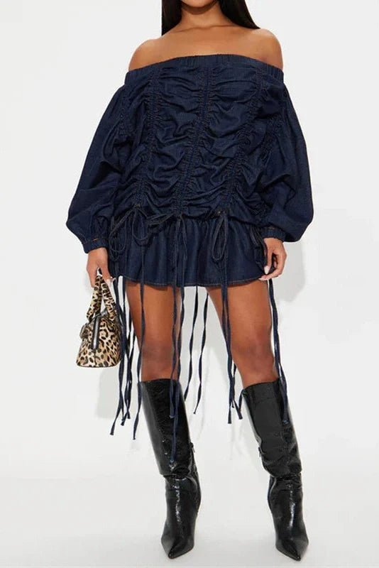 Elegant High Waist Long Sleeve Off-Shoulder Mini Dress