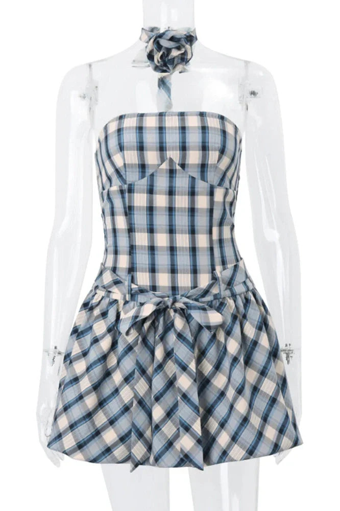 Elegant Floral Plaid Print Straps Mini Dress
