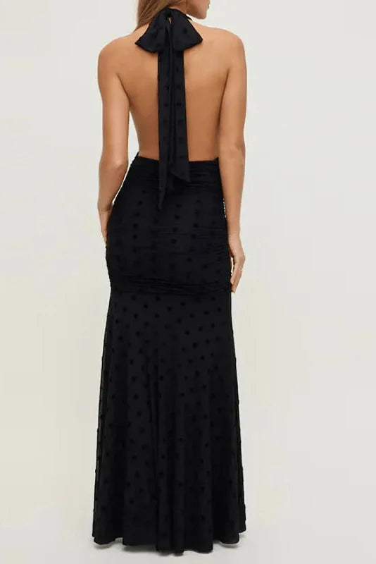 Hollow Out Backless Sleeveless Slim Deep V-Neck Printed Maxi Dress