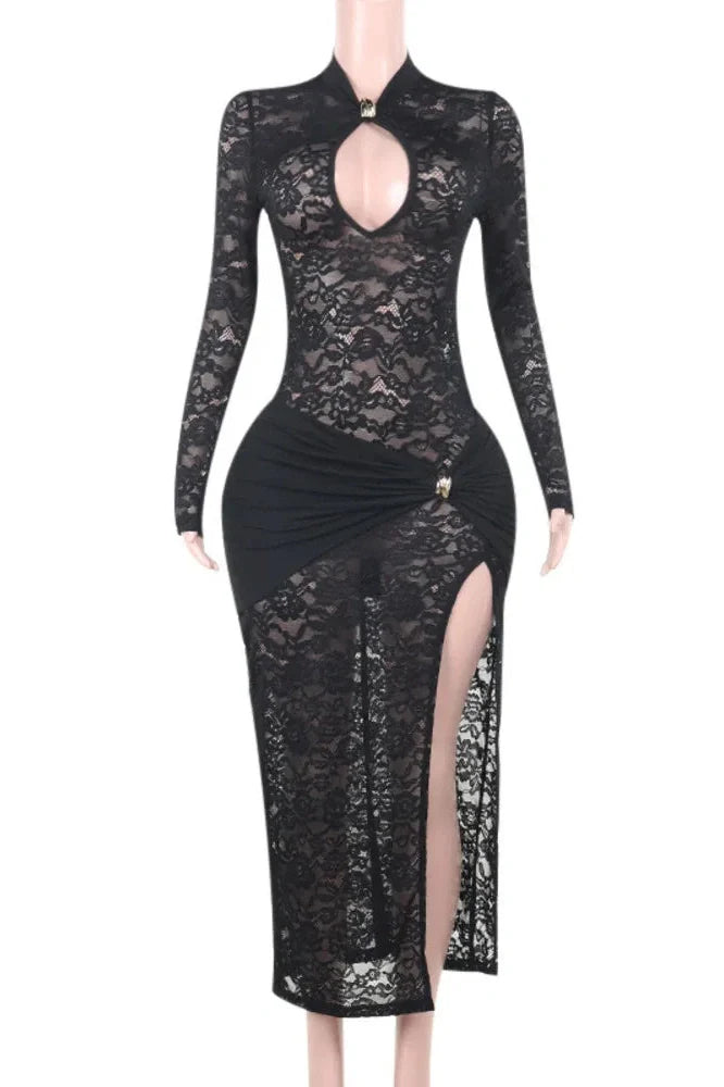 Lace Hollow Out Long Sleeve High Split Bodycon Maxi Dress