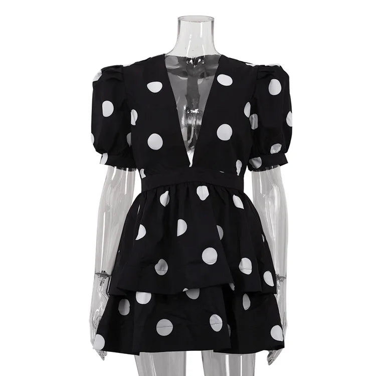 Deep V Neck Printed Puff Sleeve  A-Line Mini Dress