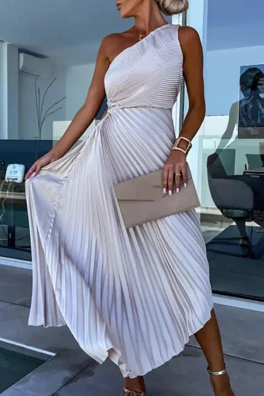 Hollow Out One Shoulder Slim Fit Pleated Maxi Dress