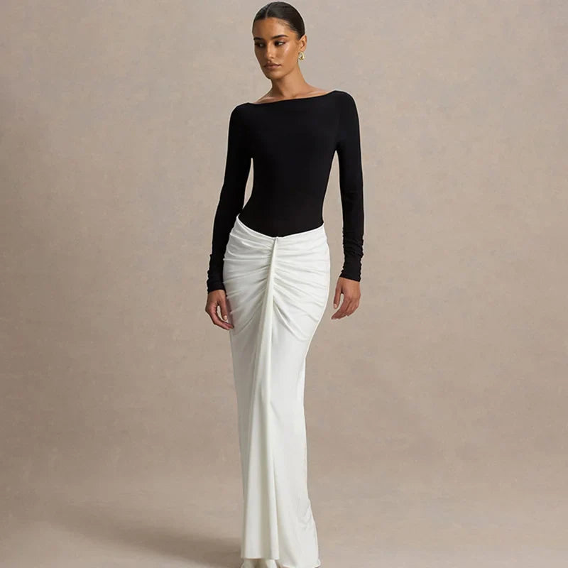Backless Round Neck Patchwork Long Sleeve Maxi Dress