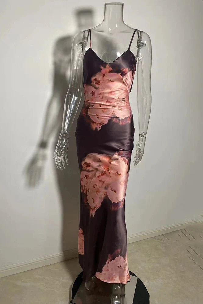 Printed Spaghetti Strap Sleeveless Backless Bodycon Maxi Dress