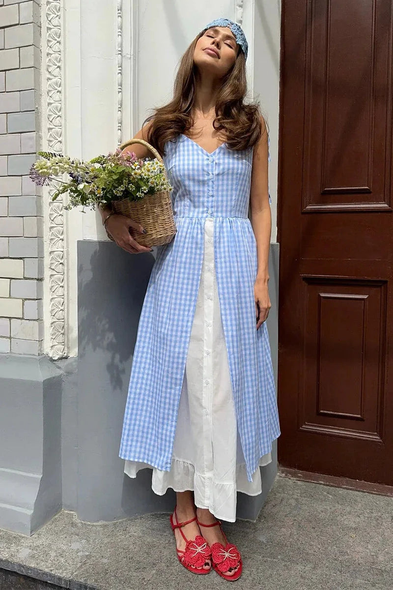 Elegant Plaid Patchwork Two-Piece Single-Breasted Midi Dress