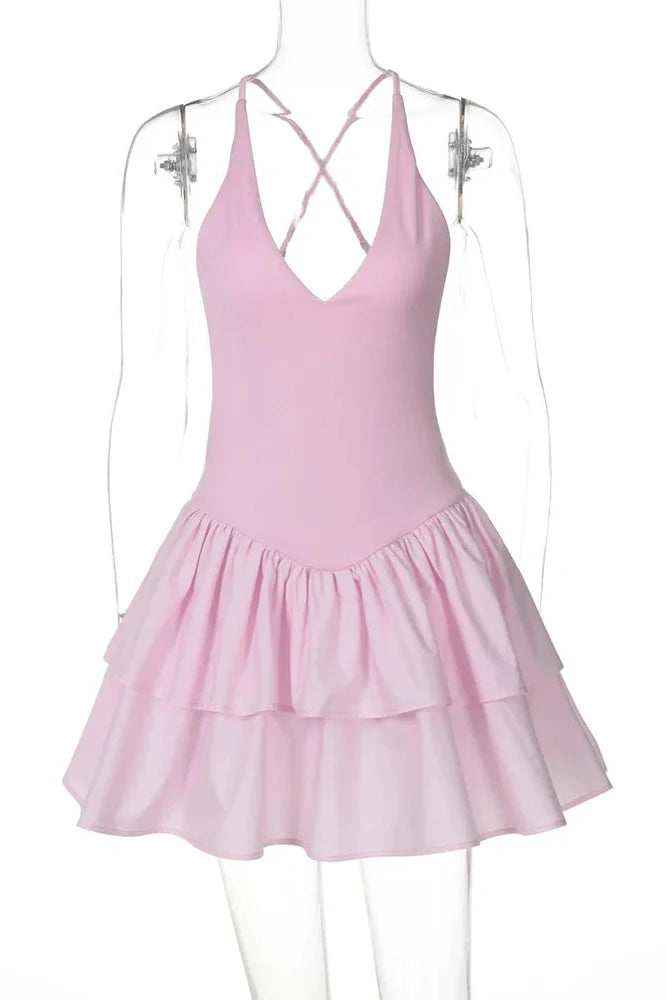 Elegant High Waist V-Neck Backless A-Line Mini Dress