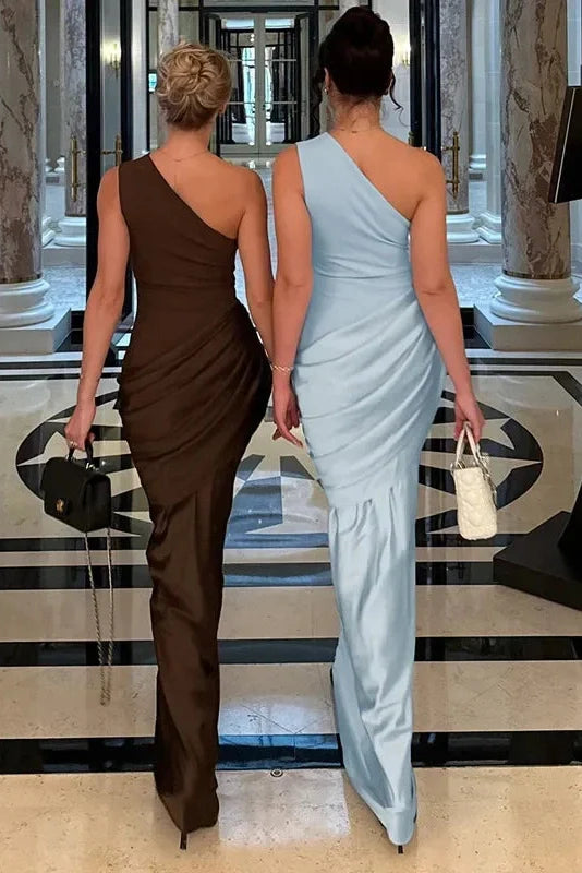 Elegant Pleated One Shoulder Maxi Dress