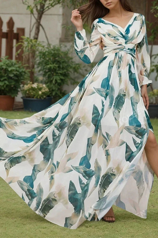 Long Sleeve Printed Pleated V-Neck High Waist Maxi Dress
