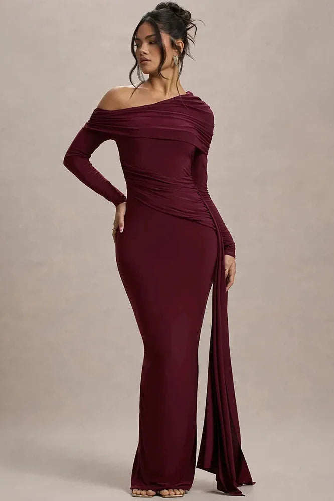 Skew Collar Long Sleeve Backless Bodycon Maxi Dress