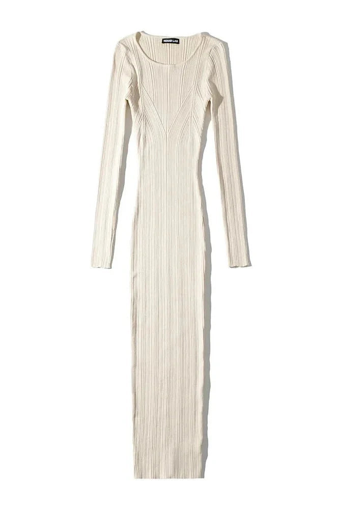 Long Sleeve Slim High Waist Patchwork Midi Dress