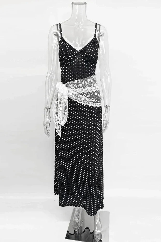 Lace Patchwork Printed Slim V-Neck Backless Maxi Dress