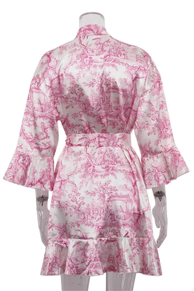 Printed Lace-Up V-Neck Patchwork Mini Dress