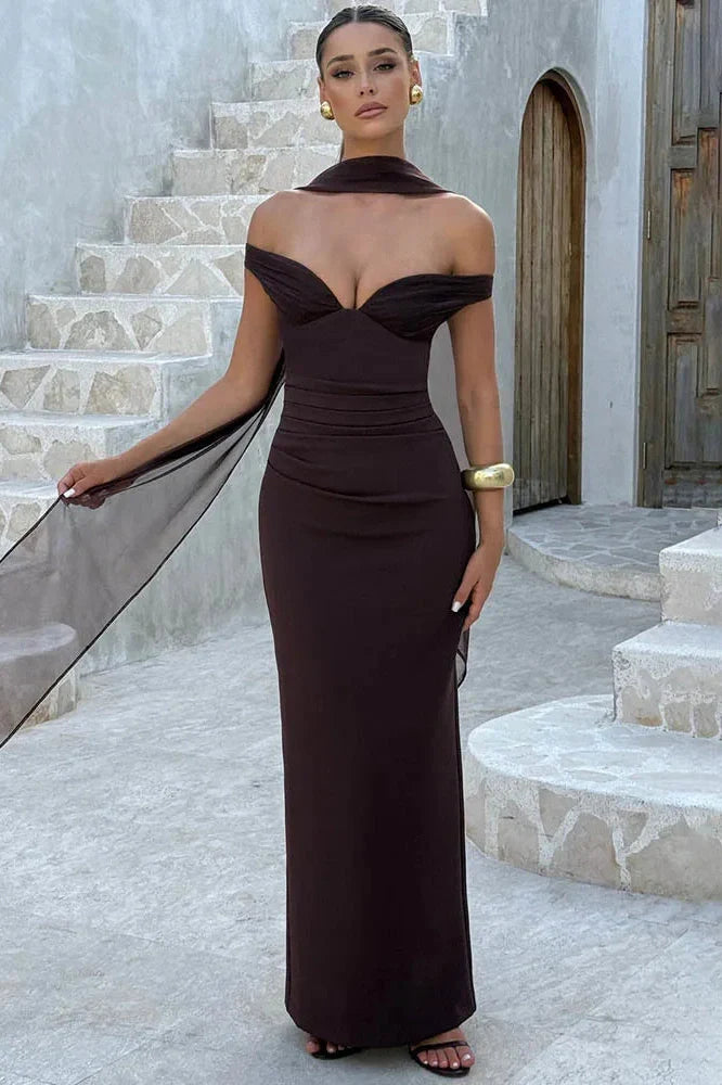 Scarf Collar Off-Shoulder Strapless Backless Maxi Dress