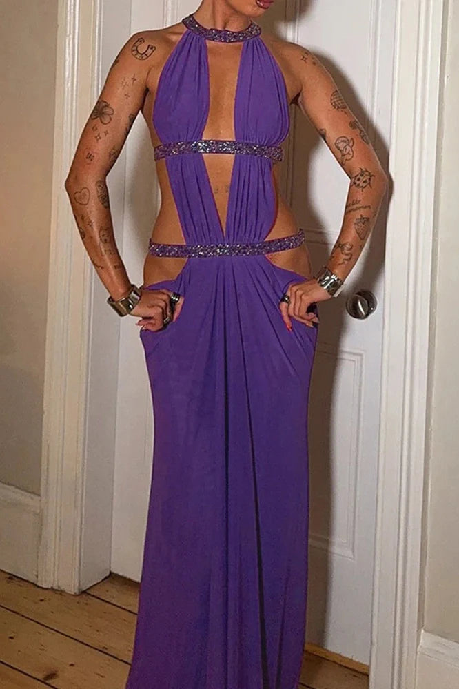 Hollow Out Backless Sleeveless Pleated Slim Maxi Dress