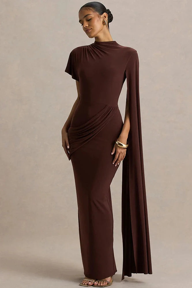 One Cape Sleeve O Neck High Collar High Waist Maxi Dress