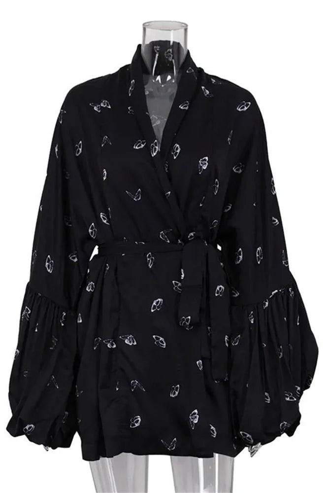 Printed Lace-Up V-Neck Loose Long Sleeve Mini Dress