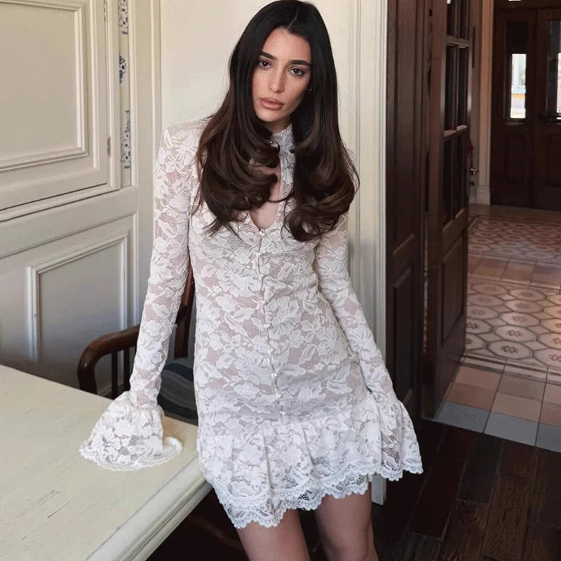 Elegant Hollow Out Lace Patchwork Mini Dress