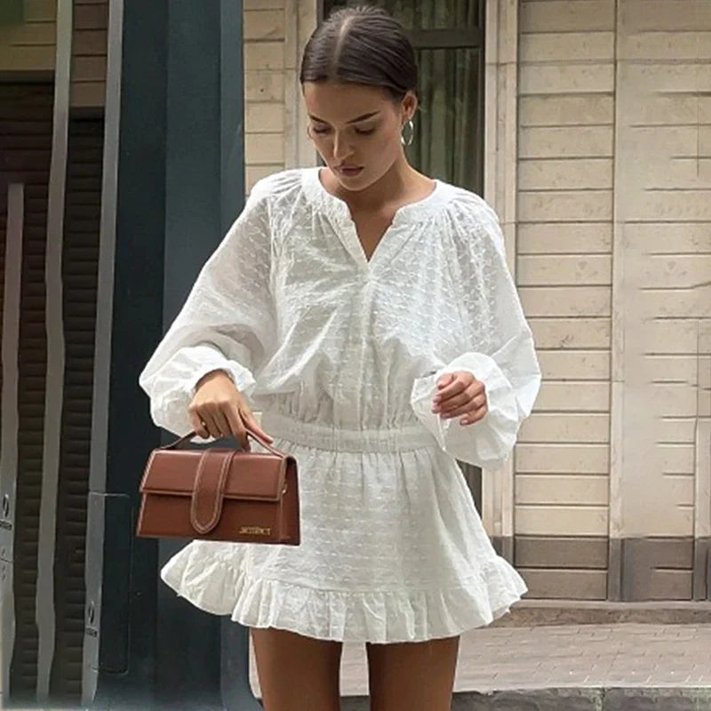 O Neck Long Sleeve Pleated A-line Mini Dress