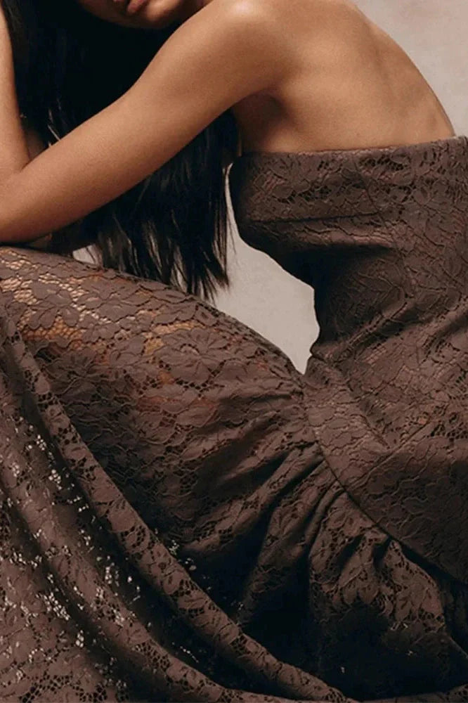 Hollow Out Off-Shoulder Lace Pleated High Waist Maxi Dress