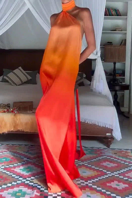 Hollow Sleeveless Slim Printed Backless High Waist Maxi Dress