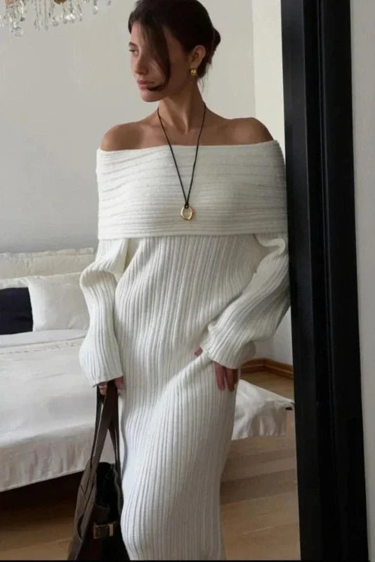 Knitted Off-Shoulder Long-Sleeved Slim High Waist Backless Maxi Dress