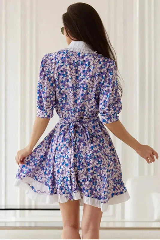 Short Sleeves Printed High-Waisted Mini Dress
