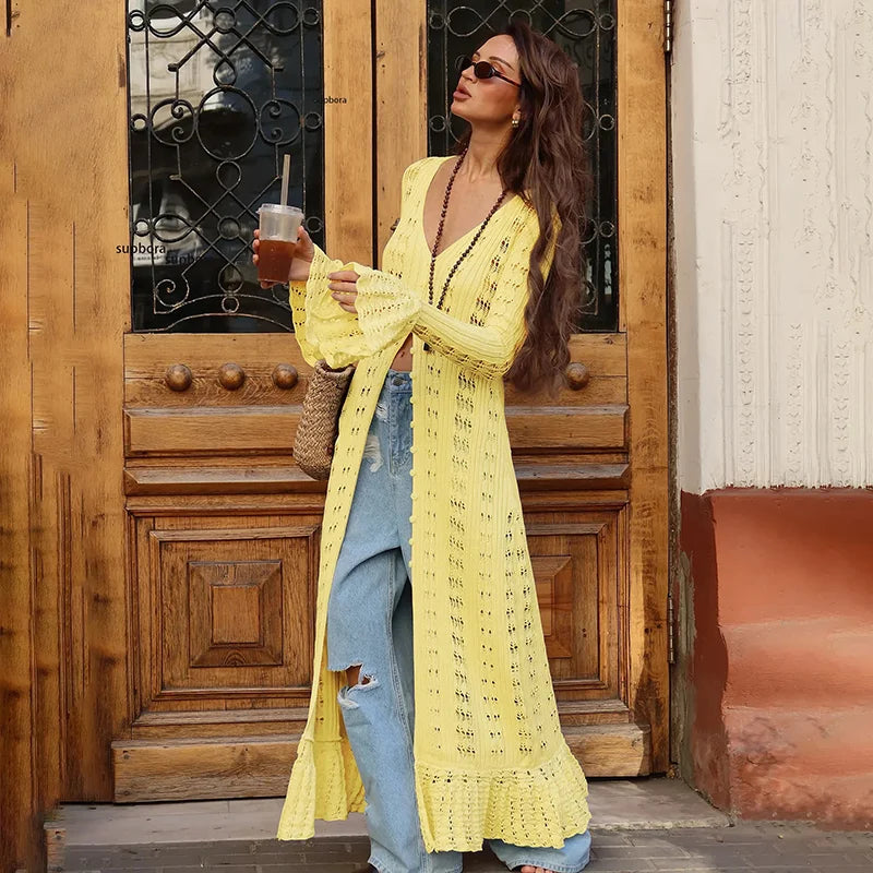 Hollow Knitted Long Sleeve Maxi Dress