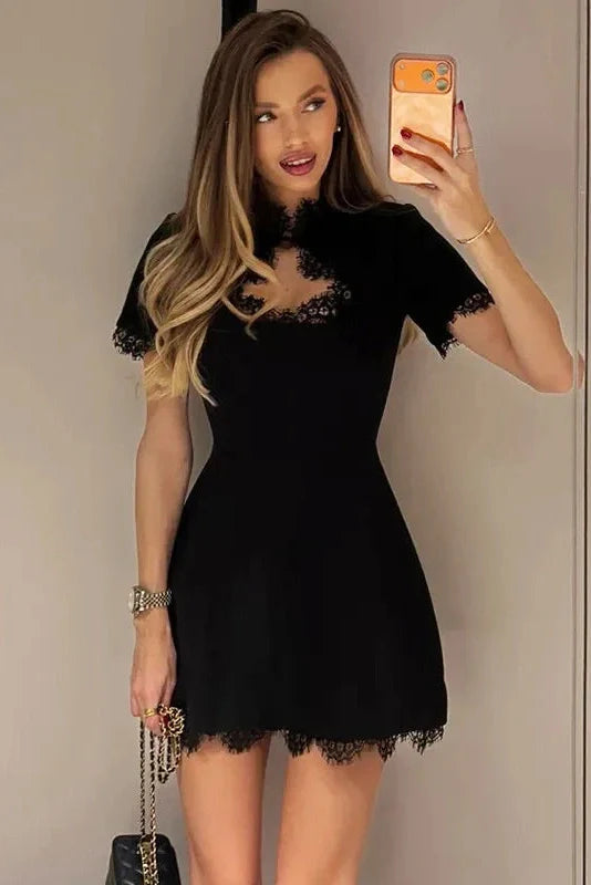 Lace Slim High Waist Short Sleeves Mini Dress