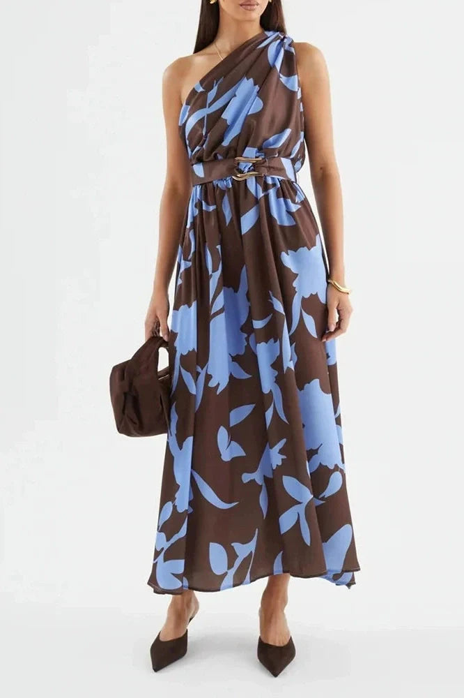 One Shoulder High Waist Pleated Sleeveless Maxi Dress