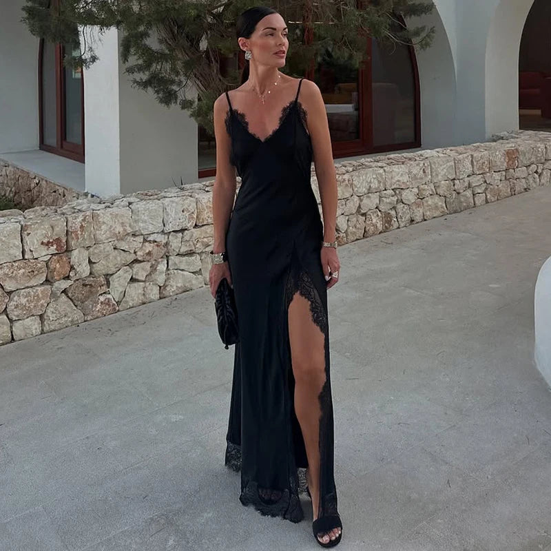 Lace Sleeveless Spaghetti Strap Bodycon Maxi Dress