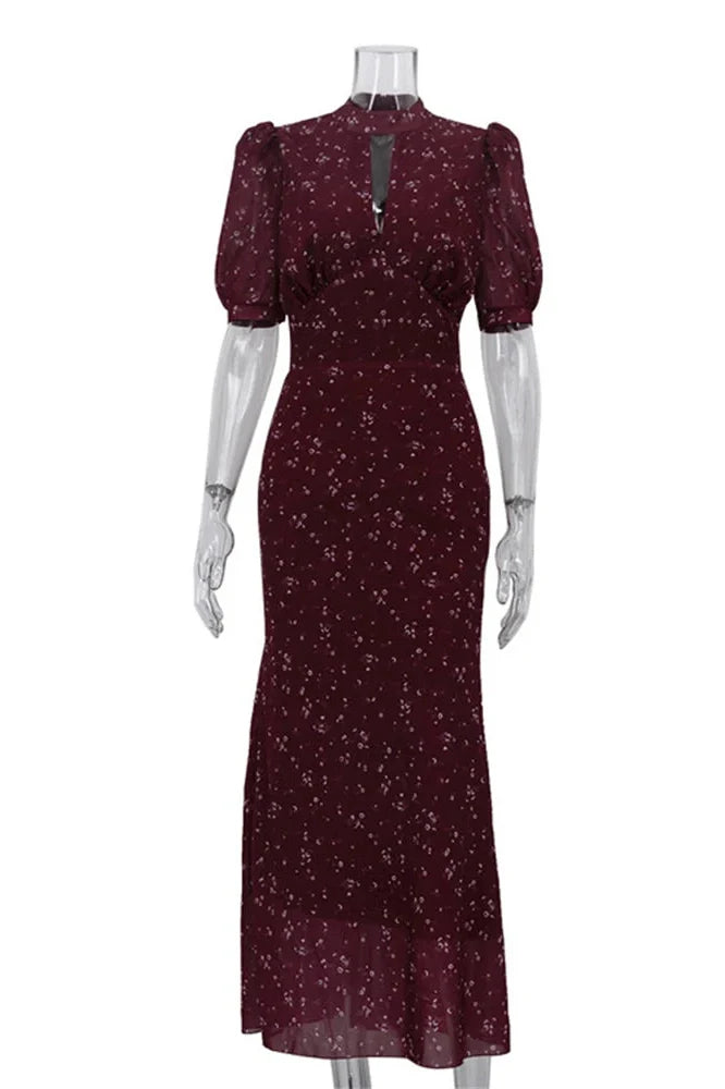 Printed V-Neck Short Sleeve High Waist Maxi Dress