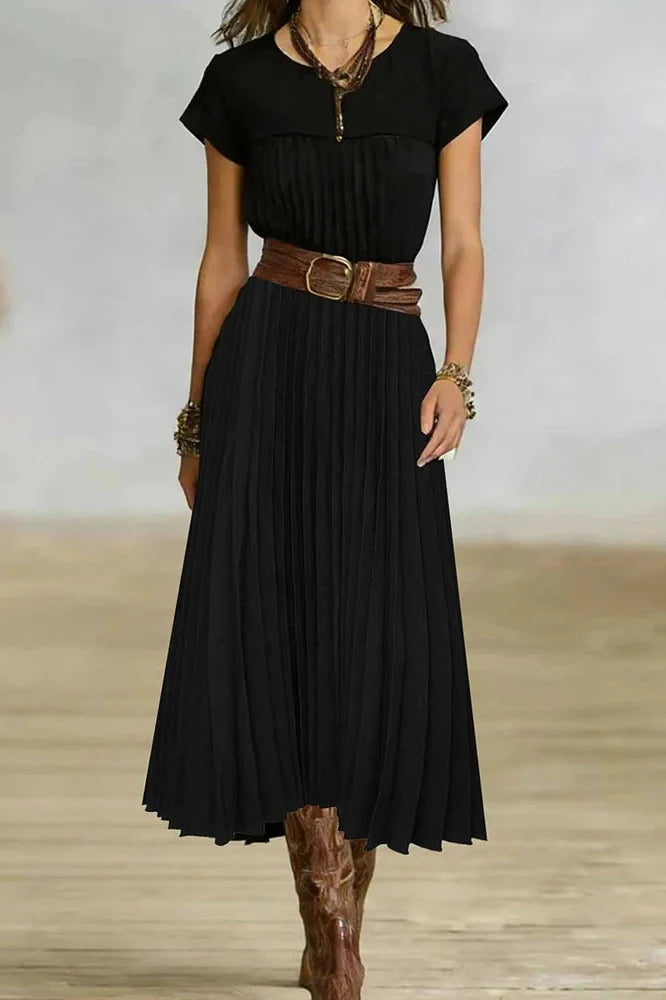 O-Neck Short Sleeve Pleated Loose High Waist Midi Dress