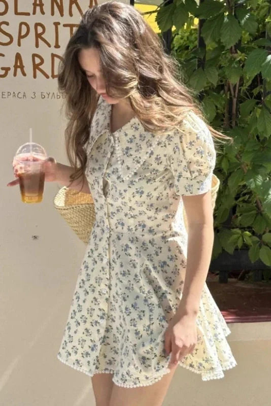 Elegant Floral Short-Sleeved Slim Single-Breasted Mini Dress